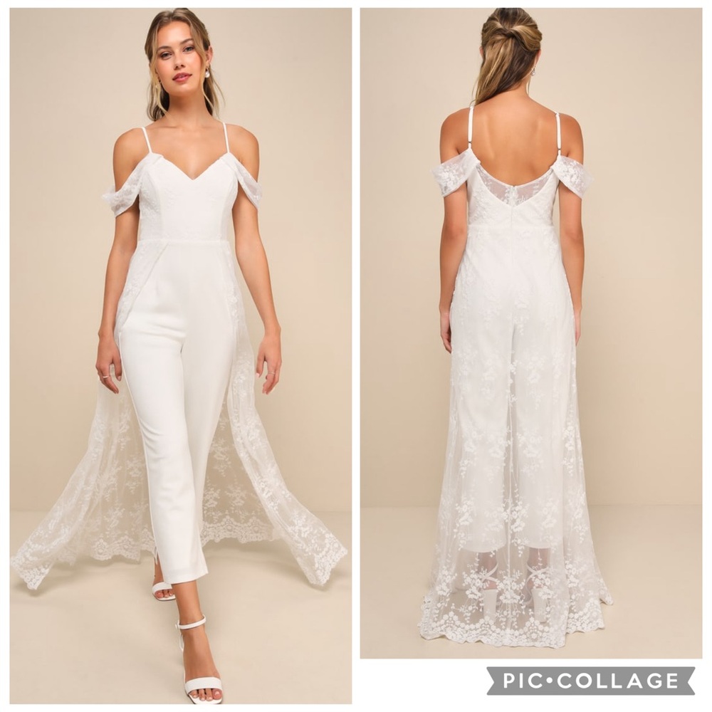 Lulus Modern Luxury White Mesh Floral Embroidered Lace Cape Jumpsuit Bridal XL